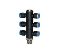 Distributore a T multiplo » serie blu «, 6 volte, girevole, R 1/4 a., per tubo esterno Ø 10 mm, codice di lavoro: Max. 15 bar, plastica/MS vern.