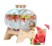 Distributore di bevande in vetro con rubinetto, 5 l, per feste ed eventi, dispenser per bevande fredde con beccuccio e supporto in legno, ideale per matrimoni e compleanni