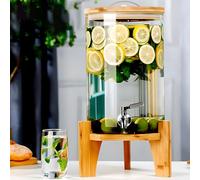 Distributore di bevande in vetro con supporto in bambù e rubinetto in acciaio inox, dispenser per bevande da 4 l, per feste in piscina e riunioni di famiglia