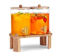 Distributore di bevande in vetro con supporto in legno 2 pezzi Distributore d'acqua in vetro con rubinetto in acciaio inox Ideale per limonata, succhi di frutta, tè e bevande per le feste,3.5L