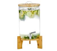 Distributore di Bevande, Secchiello per succhi di Frutta in Vetro, Cilindro per Ghiaccio con Rubinetto in Acciaio Inox e Supporto in Legno, Ideale per Limonata, tè e Bevande per Fe