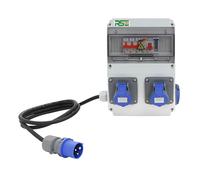Distributore di corrente da parete, completamente cablato, con contatore di prese IP65, variante: 1 x 230 V + 2 x campeggio + LS+FI + contatore, con cavo di collegamento 3G2,5 mm² 1,5 m, CEE 16A 3P