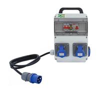 Distributore di corrente da parete, completamente cablato, con contatore di prese IP65, variante: 1 x 230 V + 2 x campeggio + LS+FI, con cavo di collegamento 3G2,5 mm² 1,5 m, CEE 16 A 3P (230 V), con