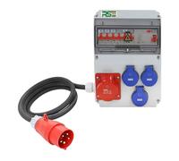 Distributore di corrente da parete, completamente cablato, con contatore di prese IP65, variante: 1x16A 3x230V con LS+FI, con cavo di collegamento 5G4 mm² 1,5 m, CEE 16A 5P (400V)