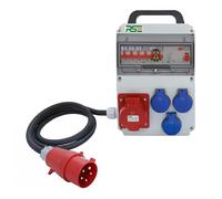 Distributore di corrente da parete, completamente cablato, con contatore di prese IP65, variante: 1x32A 3x230V con LS+FI, con cavo di collegamento 5G4 mm² 1,5 m, CEE 32A 5P (400V), con maniglia per il