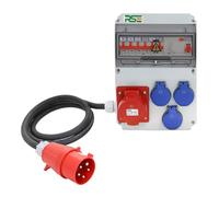 Distributore di corrente da parete, completamente cablato con contatore di prese IP65, variante: 1x32A 3x230V con LS+FI, con cavo di collegamento 5G4 mm² 1,5 m, CEE 32A 5P (400V)
