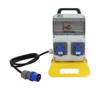 Distributore di corrente da parete, completamente cablato, con contatore di prese IP65, variante: 2 x campeggio + LS, con cavo di collegamento 3G2,5 mm² 1,5 m, CEE 16A 3P(230V), con maniglia per il