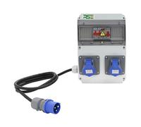 Distributore di corrente da parete, completamente cablato, con contatore di prese IP65, variante: 2 x campeggio + LS+FI, con cavo di collegamento 3G2,5 mm² 1,5 m, CEE 16A 3P (230 V)