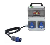 Distributore di corrente da parete, completamente cablato, con contatore di prese IP65, variante: 2 x campeggio + LS+FI, con cavo di collegamento 3G2,5 mm² 1,5 m, CEE 16A 3P(230V), con maniglia per il