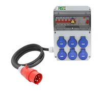 Distributore di corrente da parete, completamente cablato con contatore di prese IP65, variante: 6X 230V con LS + FI 3P, con cavo di collegamento 5G4 mm² 1,5 m, CEE 16A 5P(400V)
