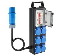 Distributore di corrente portatile con spina CEE 3P e cavo da 2 m | Distributore di corrente da cantiere con interruttore di circuito, presa CEE con 6 prese Schuko da 250 V/16 A, per cantieri