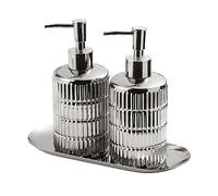 Distributore di sapone per le mani, Dispenser di sapone con pompa, dispenser lozione ricaricabile for piano appoggio del bagno, shampoo in ceramica, for lavello della cucina(Silver,Two with tray)