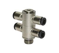 Distributore multiplo a T, 4 scomparti, click-click, girevole, G 1/8 a, per tubo esterno Ø 6 mm, pressione di lavoro max. 16 bar in ottone vert.