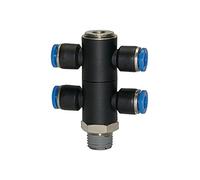 Distributore multiplo a T » serie blu «, 4 scomparti, girevole, R 1/4 a, per serratura esterna Ø 10 mm, codice di lavoro: Max. 15 bar, plastica/MS vern.