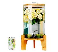 Distributori di bevande in vetro per feste con supporto, Distributore d'acqua in vetro con rubinetto in acciaio inox, coperchio in bambù, a prova di perdite, ideale per succhi, tè,5L
