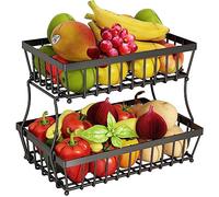DitKos Cesto di frutta a 2 livelli, cesto di frutta per il bancone della cucina, cestino di verdure, stoccaggio della frutta del controsoffitto, cesto di frutta, cesti di frutta in metallo per il bancone della cucina, supporto staccabile, colore nero