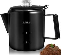 DITOSH Percolator - Caffettiera in acciaio inossidabile 304, macchina da caffè con manico in legno massiccio, manopola trasparente, piano cottura Greca moka, per induzione, casa e campeggio (nero, 9