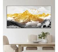 Dittelle Quadro da parete con montagna dorata, paesaggio con cime nuvolose, uccelli in volo e scenario naturale per la decorazione della casa (80x160 cm/Senza cornice)