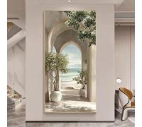 Dittelle Quadro moderno su tela con arco sulla spiaggia, paesaggio marino mediterraneo con luci e ombre per la decorazione del soggiorno (70x145 cm/cornice interna)
