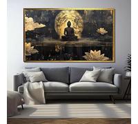 Dittelle Quadro murale con Buddha dorato, tela zen nera e oro, decorazione spirituale per la meditazione, dipinto moderno con fiore di loto (70x145 cm/cornice interna)