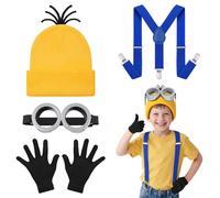 DiULi Accessorio per travestimenti, 4 pezzi accessori giallo Cosplay per bambini, kit di decorazione con occhiali, cappello, guanti e bretelle, blu, per feste, Halloween, Carnevale, Due occhi-4 pezzi