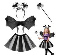 DiULi Costume Pipistrello Halloween Bambine, 4Pz Tutù Halloween Pipistrello con Ali e Copricapo e Bacchetta Magica, Costume da Pipistrello per Ragazze per Feste, Cosplay e Carnevale, Nero
