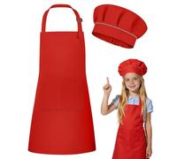 DiULi Grembiule per Bambini + Cappello da Cuoco, Grembiule da Cucina Regolabile per Bambini con Tasche Grembiule da Chef per Cucinare e Cuocere la Pittura 3-6 Anni (Rossa-S)