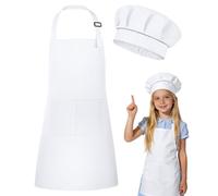 DiULi Grembiule per Bambini + Cappello da Cuoco, Grembiule da Cucina Regolabile per Bambini con Tasche Grembiule da Chef per Cucinare e Cuocere la Pittura 3-6 Anni (Bianco-S)