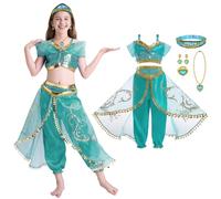 DiULi Jasmine Abiti Ragazze, 7PCS Set Jasmine Principessa Abiti Ragazze con Orecchini, Collana, Anelli, Cerchietti, per Festa Danza Compleanno Halloween Cosplay, Taglia 130