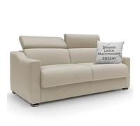 DIVANI STORE - Divano Letto Matrimoniale AMBER 191 cm in Tessuto Smacchiabile - Materasso 140x197 cm e h.18 cm - Artigianale - Panna