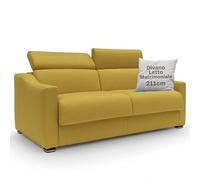 DIVANI STORE - Divano Letto Matrimoniale AMBER 211 cm in Tessuto Smacchiabile - Materasso 160x197 cm e h.18 cm - Artigianale - Giallo