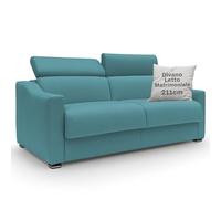 DIVANI STORE - Divano Letto Matrimoniale AMBER 211 cm in Tessuto Smacchiabile - Materasso 160x197 cm e h.18 cm - Artigianale - Azzurro
