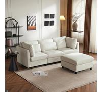 Divano 220x83x81cm Divano angolare 3 posti soggiorno con poggiapiedi con tre cuscini inferiori Materiale lino beige