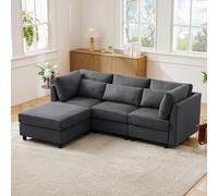 Divano 220x83x81cm Divano angolare 3 posti soggiorno con poggiapiedi con tre cuscini inferiori materiale lino grigio scuro