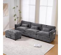 Divano 3 posti con USB+3 cuscini,Divano angolare con Sgabello contenitore componibile,divani angolari Ciniglia moderni con porta cellulare,2 tasche laterali,per soggiorno,Appartamenti ecc,Grigio