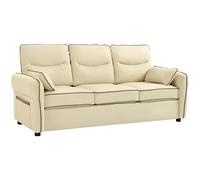 Divano 3 Posti In Finta Pelle Con Imbottitura Spessa, Tasca Laterale E 2 Cuscini, 190x83x90 Cm, Beige