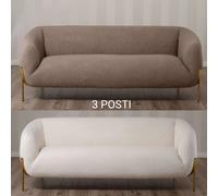 Divano 3 Posti in Tessuto Teddy con Piedi in Metallo Dorato - Stile Scandinavo