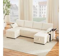 Divano 4 posti-U,divano angolare,divani angolari moderni con funzione letto,divano letto angolarea con 2 ampi spazi di stoccaggio,2 cuscini,2 vani portaoggetti,2 portabicchieri,per soggiorno,Beige