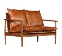 Divano a 2 posti Soggiorno Soggiorno Casa interni Vera pelle con legno di acacia Marrone 02_0019446