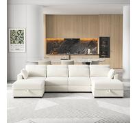 Divano a 4 posti a forma di U con sgabello - Divano ad angolo con ottomano - Morbido divano per soggiorno, famiglia, camera degli ospiti - Moderno e confortevole (beige)