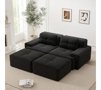 Divano angolare 2 posti,divano modulare senza telaio a compressione sottovuoto con 2 pouf,2 cuscini,Imbottitura in schiuma 32D alta densità,Senza montaggio,Nero(Seduta prof. 74+Bracciolo lar. 30)