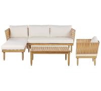 Divano angolare 4 posti acacia chiaro cuscini bianchi e tavolo destro Cremona