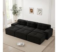 Divano angolare a 3 posti,divano modulare senza telaio a compressione sottovuoto con 3 pouf,3 cuscini,Imbottitura in schiuma 32D alta densità,Senza montaggio,Nero(Seduta prof. 74+Bracciolo lar. 30