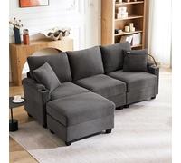 Divano angolare a forma di L, 3 posti, con poggiapiedi, supporto per bracciolo e 2 cuscini, adatto per soggiorno, ufficio, appartamento, grigio scuro