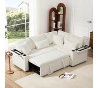 Divano angolare estraibile a L con contenitore, divano a 4 posti con portabicchieri, porta di ricarica USB, bracciolo e quattro cuscini, adatto per salotti e cinema casa, beige