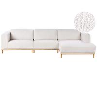 Divano angolare in a tessuto bouclè a 5 posti con braccioli e gambe in legno bianco sporco