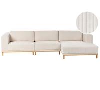 Divano angolare in velluto a coste a 5 posti con braccioli e gambe in legno beige chiaro