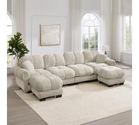 Divano angolare modulare a forma di U a 4 posti, in tessuto di ciniglia, 2 pouf mobili, design trapuntato fine, morbido e di supporto, schienale ergonomico, facile da montare, cachi chiaro