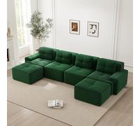 Divano angolare U 4 posti,divano modulare senza telaio a compressione sottovuoto con 2 pouf,4 cuscini,Imbottitura in schiuma 32D alta densità,Senza montaggio,Verde(Seduta prof. 74+Bracciolo lar. 30)