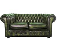 Divano Chesterfield a 2 posti, in vera pelle verde antico, realizzato a mano nel Regno Unito, braccioli profondi con bottoni, piedi in legno di mogano, stile vintage britannico classico